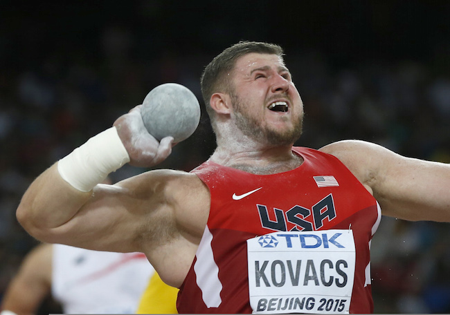 Joe Kovacs of the U.S. competes to win gold in the men's shot put final during the 15th IAAF World Championships at the National Stadium in Beijing, China August 23, 2015. REUTERS/Phil Noble
