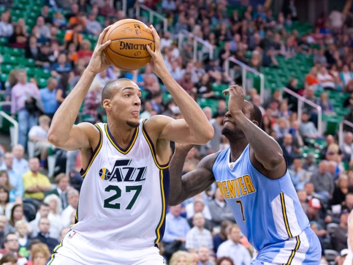 Oct 22, 2015; Salt Lake City, UT, USA; Denver Nuggets forward J.J. Hickson (7) defends against Utah Jazz center Rudy Gobert (27) during the second half at EnergySolutions Arena. The Jazz won 98-78. Mandatory Credit: Russ Isabella-USA TODAY Sports